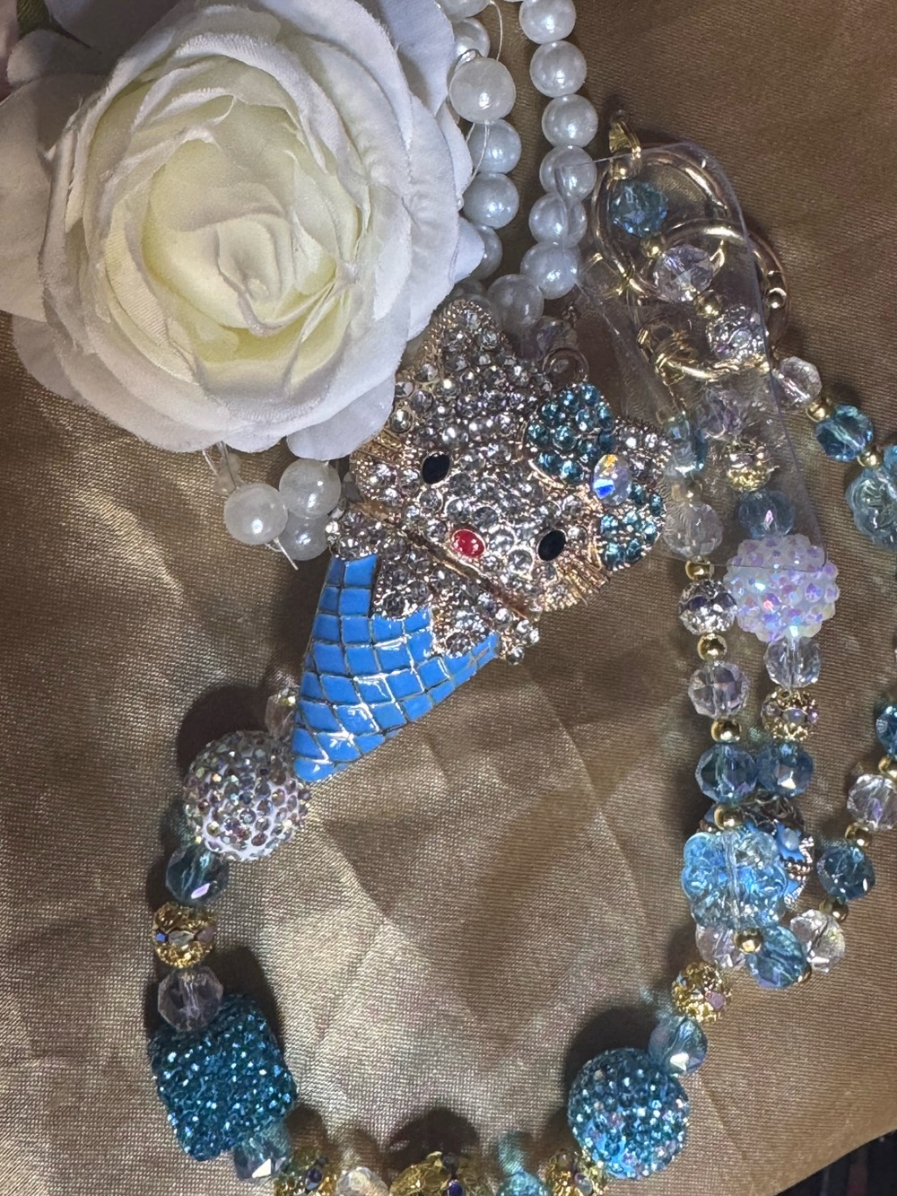 Crystal Hello Kitty Style Blue Ice Cream Cone Keychain